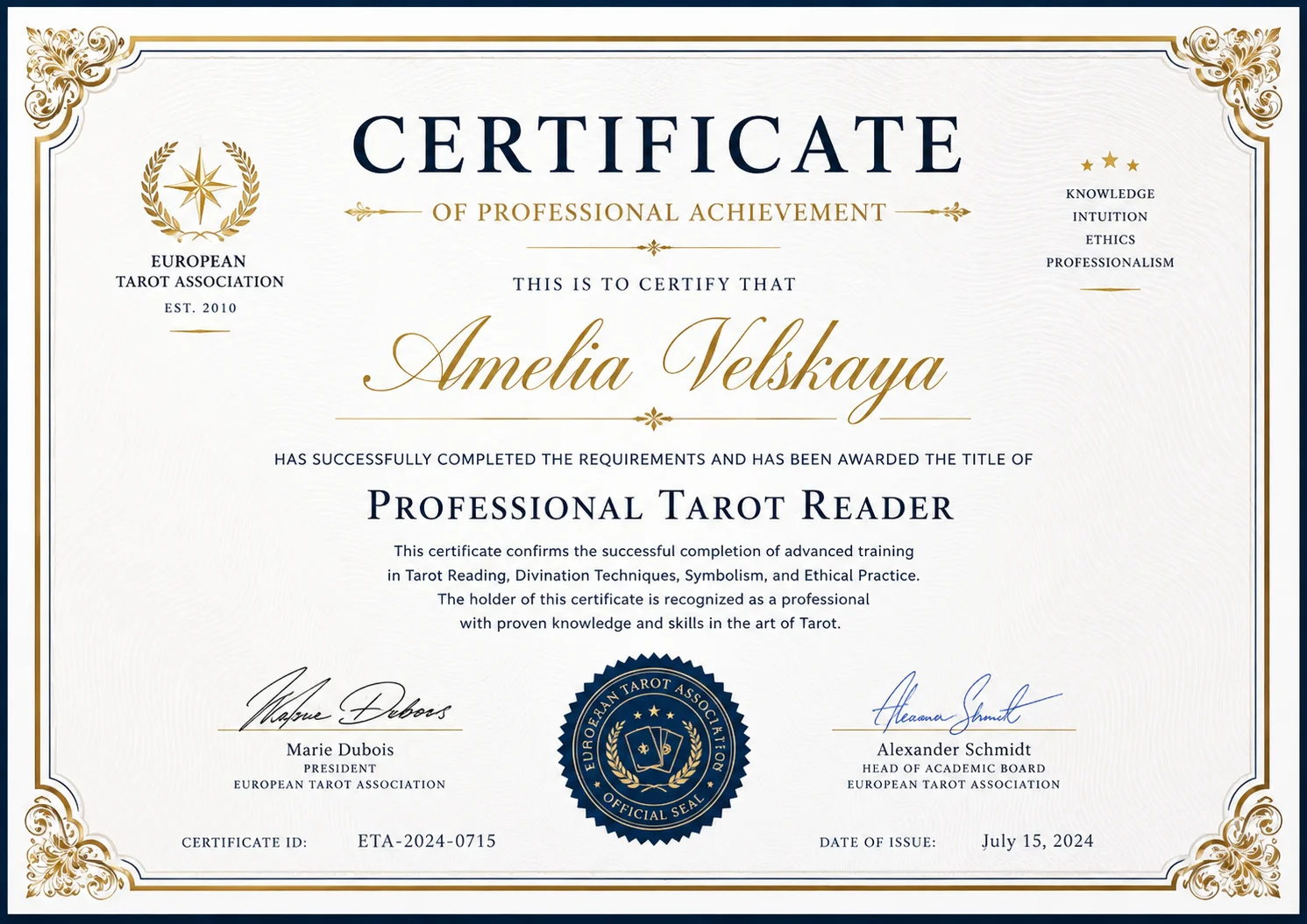 Certificate of Professional Achievement - European Tarot Association